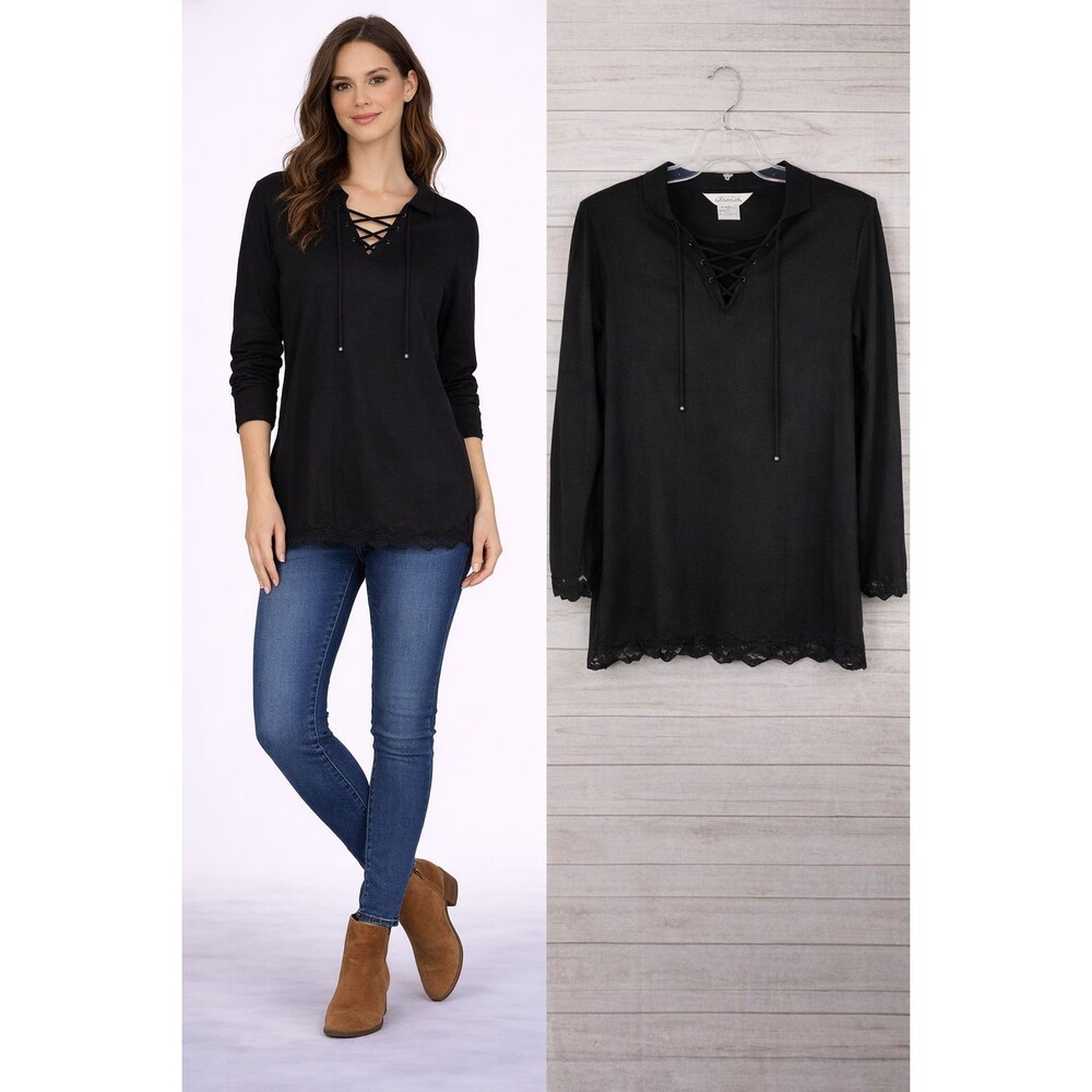 Exclusively Misook Top Blouse XS Black Corset Eyelet Detail Scallop Hem